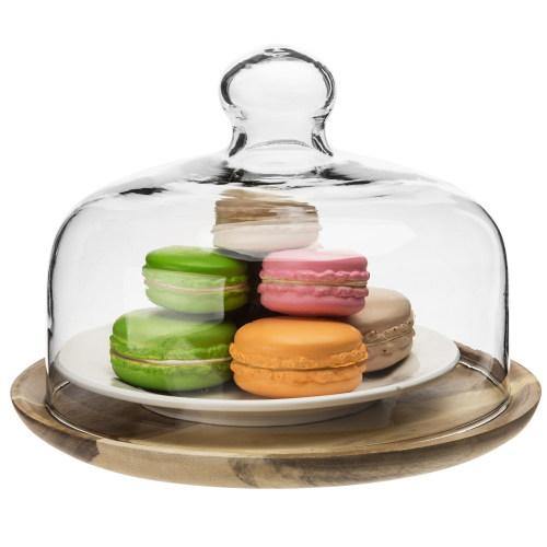 Glass Dessert/Cheese Cloche with Acacia Wood Tray, 7.5 Inch - MyGift