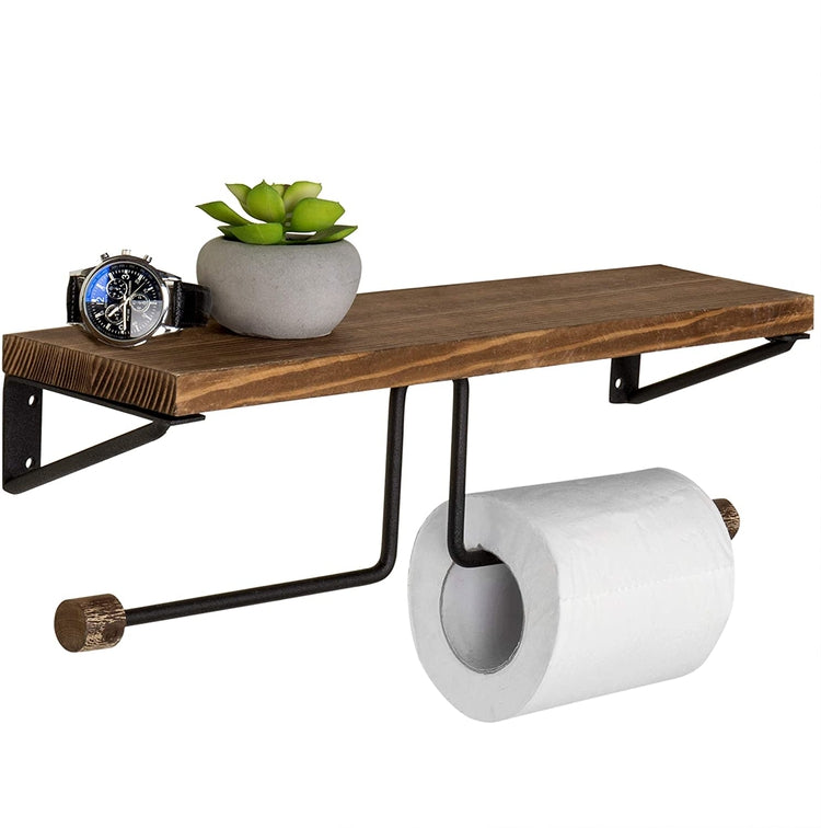 MyGift Wall-Mounted Burnt Wood & Black Metal Dual-Roll Toilet Paper Holder with 15-inch Shelf, Brown