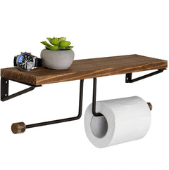 Black Metal Dual Toilet Paper Roll Holder with Gray Wood Storage