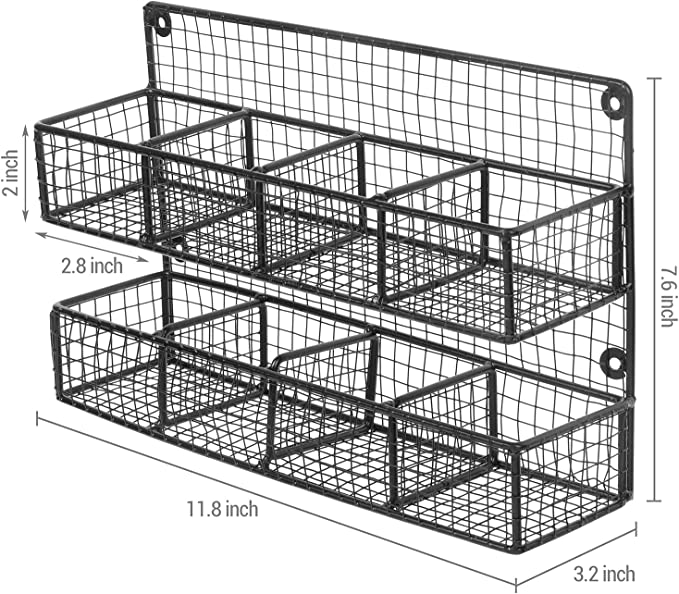 Wall Mounted Rustic Matte Black Metal Mesh Wire Tea Bag Organizer Rack with 8 Compartments-MyGift