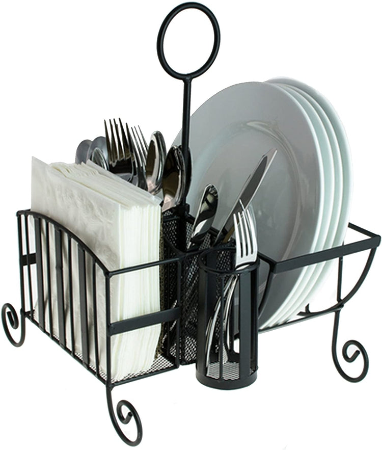 Black Metal Mesh Kitchen, Picnic Buffet Caddy for Utensils, Plates, and Napkins with Handle-MyGift