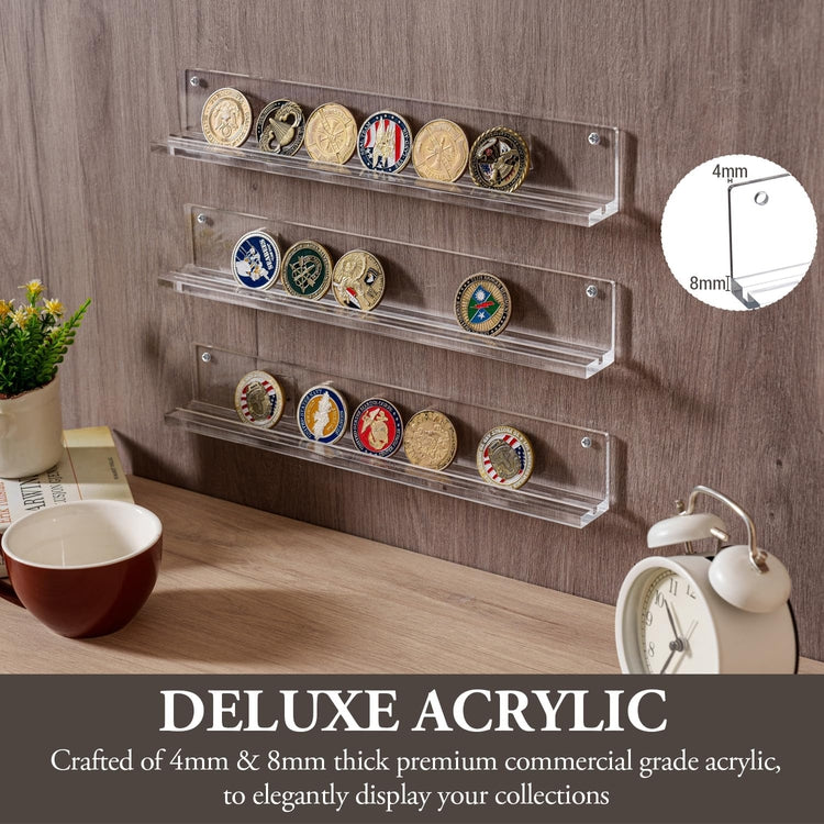 Wall Mounted Clear Acrylic Challenge Coin Holder, Single Row Military Coins Collection Shelf, Set of 3-MyGift