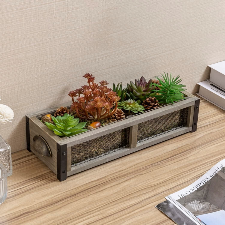 Brown Wood Window Box Planter with Metal Mesh Sides and Brass Tone Handles, DIY Artificial Succulents and Moss Filler-MyGift