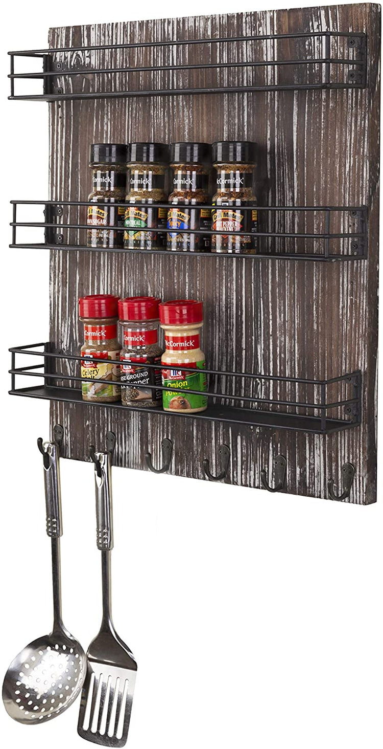 3-Tier Torched Wood and Black Metal Wire Shelves, Wall-Mounted Spice Rack with 6 Hooks-MyGift