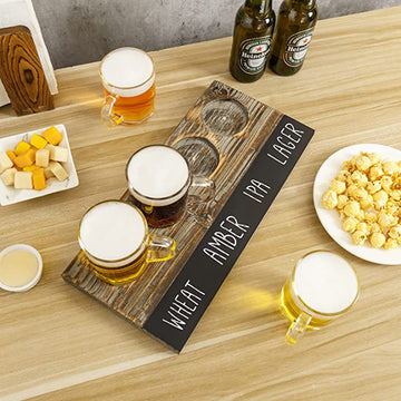 MyGift Dark Brown Slatted Wood Beer Flight Tasting Sampler Tray with 4 Glass Cups and Mini Chalkboards