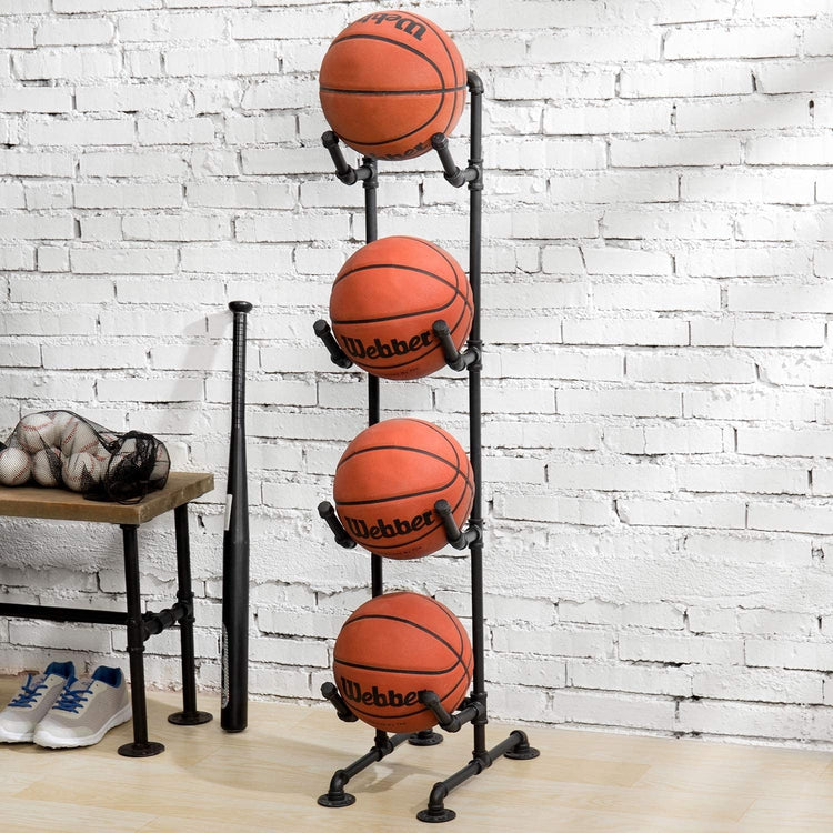 4-Tier Industrial Black Metal Pipe Indoor Outdoor Basketball, Volleyball, and Sports Ball Storage Organizer Rack-MyGift