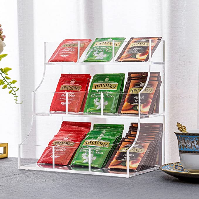 Clear Acrylic 3 Tier Countertop or Wall Mounted Tea Bag Organizer, Teabag Storage Holder and Server Rack-MyGift