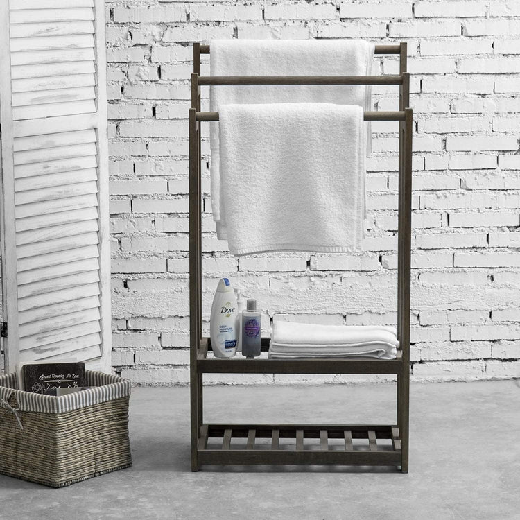 3-Tier Gray Wood Towel Rack with 2 Bottom Storage Shelves-MyGift