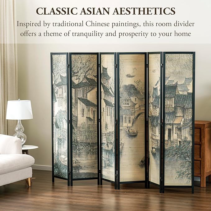 Paneled Freestanding Bamboo Room Divider Privacy Partition with Dual-Sided Asian Village Print Black Wood Folding Screen-MyGift