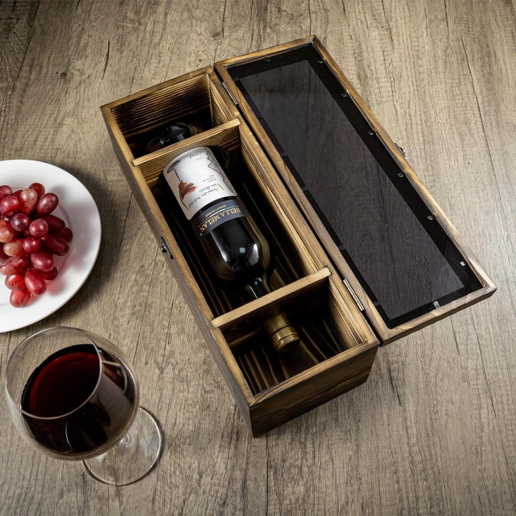 Brown Wood Wine Bottle Gift Box, Decorative Wine Collector Storage Case with Metal Latch Closure-MyGift