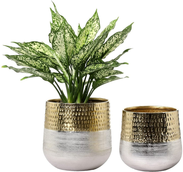 Set of 2, Round Indoor Planter Pot, Hammered Brass and Milled Embossed Silver Tone Metal Planter Vase-MyGift