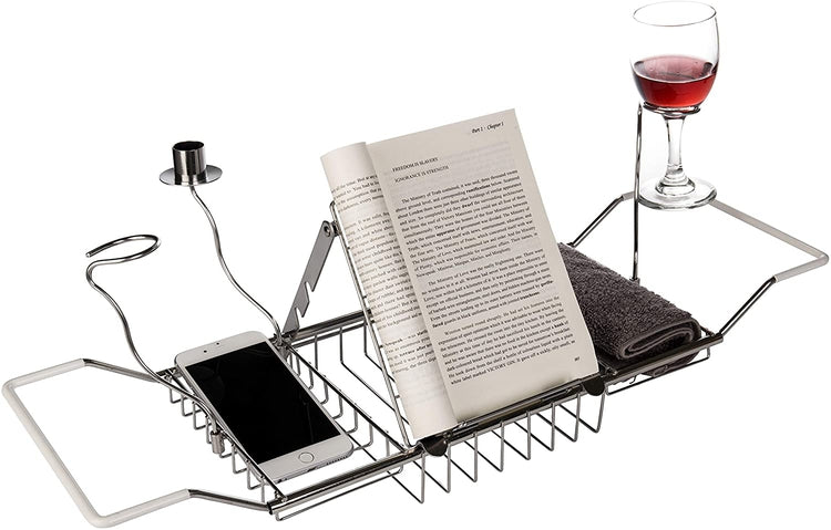 304 Stainless Steel Bathtub Caddy Tray Expandable Bath Organizer, Tub Shelf  for Reading with Book and Wine Rack, Candleholder 