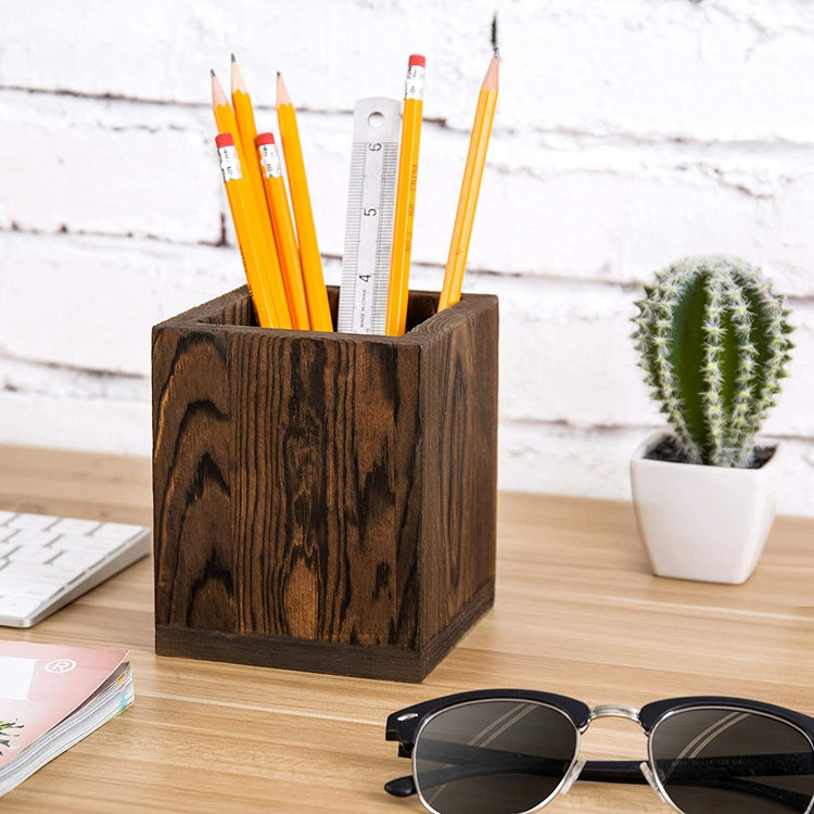 Pencil Cup - Wooden Desktop Organizer - Small Rustic Wood Desk Top Caddy  For Office Accessories And Supplies - Organization For Home, School,  Classroom, Work - Square Dark Brown 