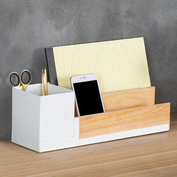 White Metal & Natural Wood Desktop Organizer with Pen Holder & Letter ...