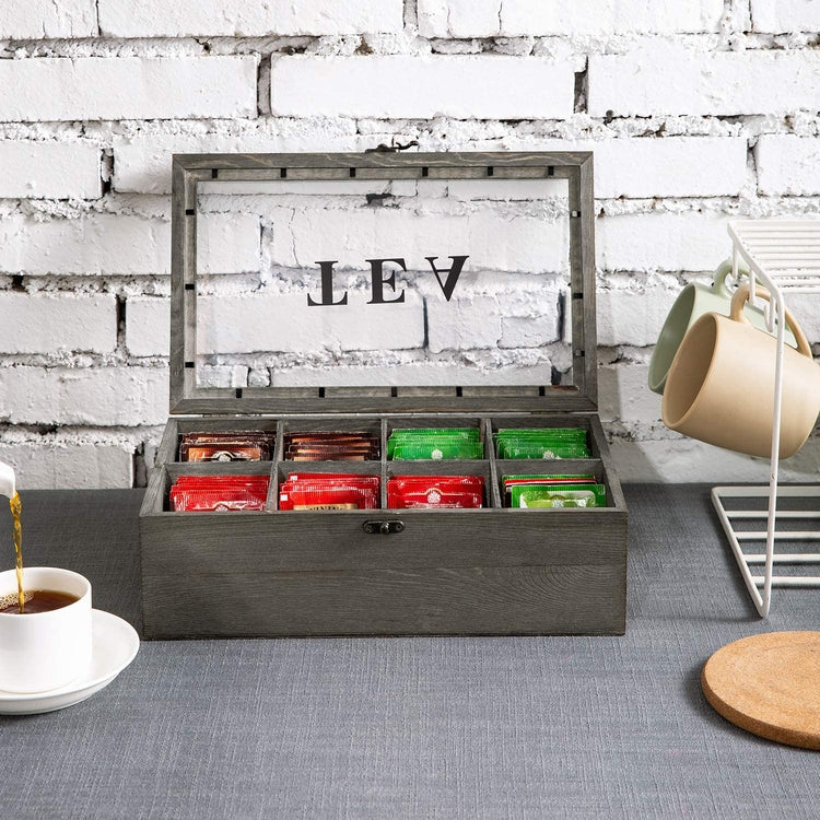 8 Compartment Gray Wood Tea Bag Storage Box Chest with Clear Acrylic Lid-MyGift