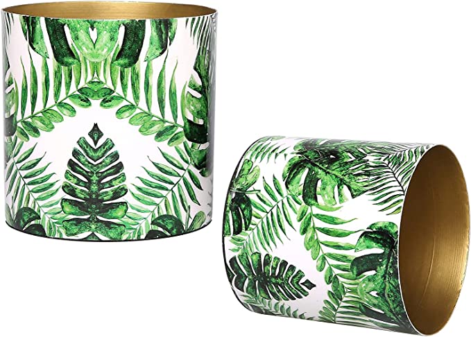 Metal Flower Pot with Green Palm Leaf Design and Brass Tone Interior, 2 Piece Set-MyGift