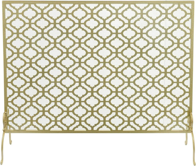 Brass Tone Metal Fireplace Screen with Vintage Moroccan Arabesque Pattern-MyGift