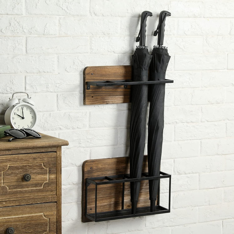 Burnt Wood and Black Metal Wall Mounted Umbrella Holder Storage Rack, 2  Piece Set