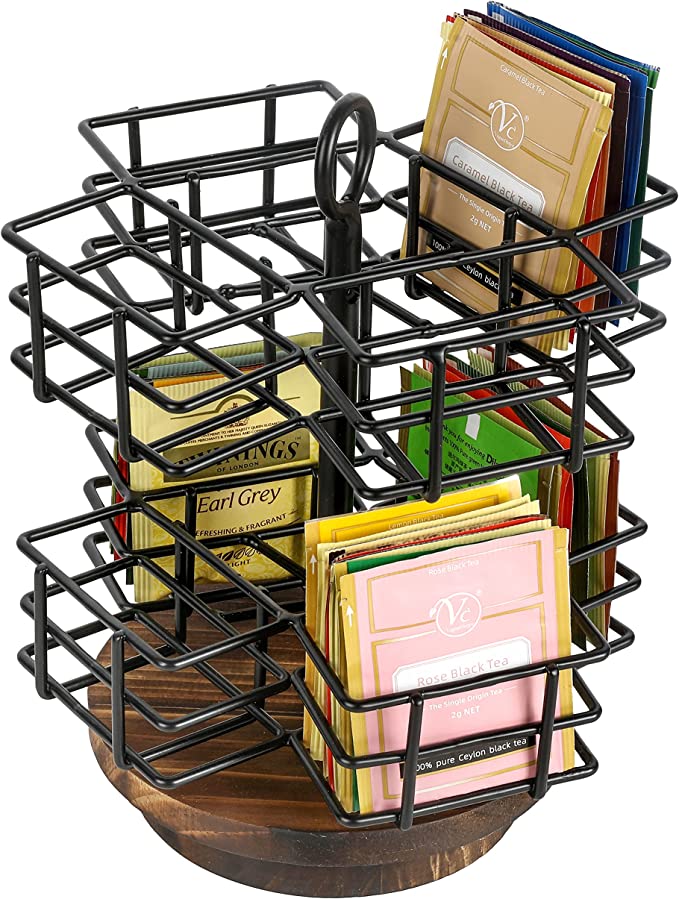 Industrial Matte Black Metal Wire Baskets and Rustic Burnt Wood Carousel Style Tea Bag Organizer Rack Display-MyGift