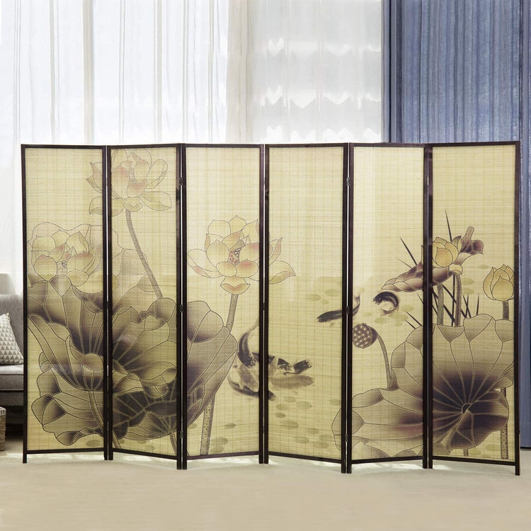 6-Panel Room Divider Wood Frame Lotus Flower Asian Style Woven Bamboo Room Divider Screen-MyGift