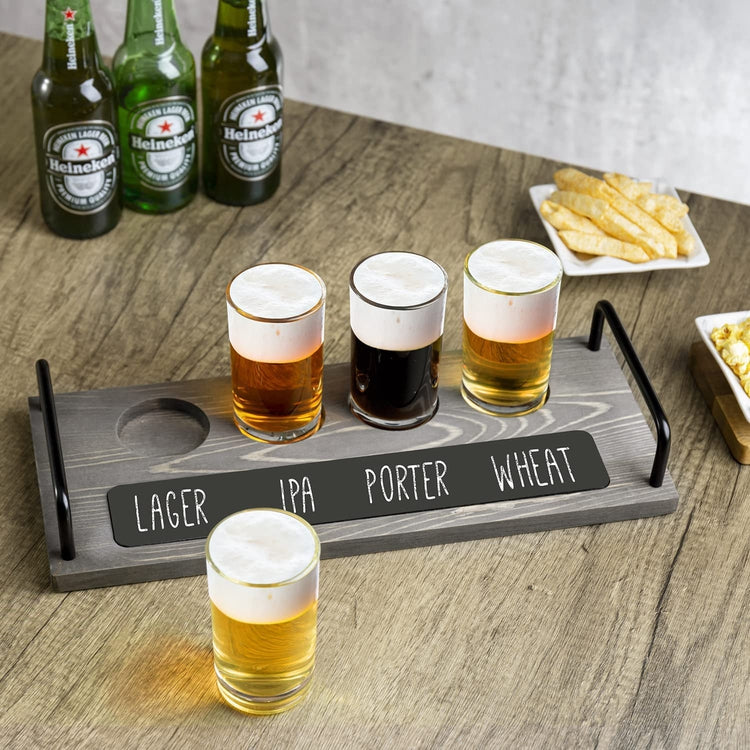 Gray & Burnt Wood Beer Flight Server Sampler Set with 4 Glasses and  Chalkboard Labels