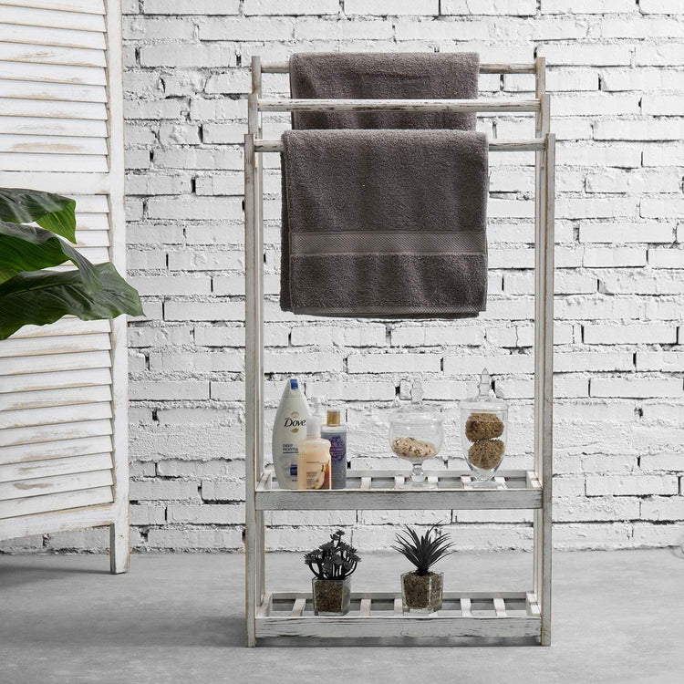 3-Tier Whitewashed Wood Towel Rack with 2 Bottom Storage Shelves-MyGift