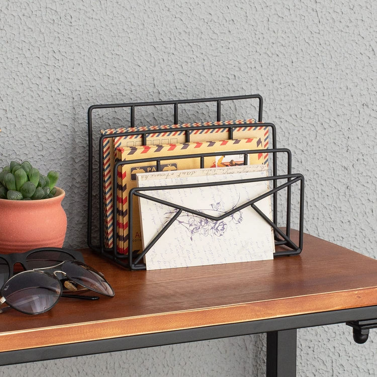 3 Slot Modern Black Metal Wire Envelope Design Desktop Mail Sorter, Letter Holder Desk Organizer-MyGift