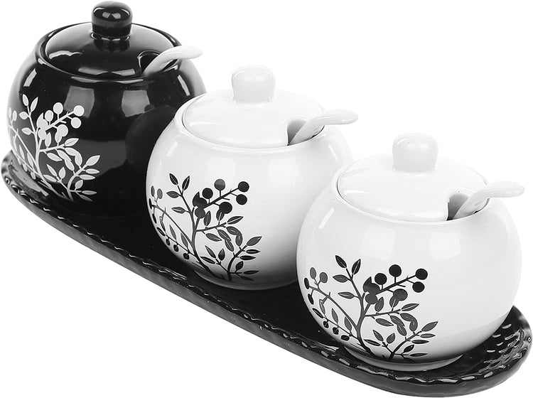 3 Porcelain Jars Spice Condiment Jar Spice Container Set With Wooden Lid,  Spoon and Tray. Marble Design 