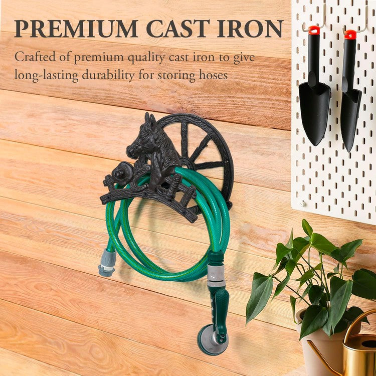 Wall Mounted Black Metal Garden Hose Reel, Decorative Frontier Themed Hook for Hanging Gardening Equipment-MyGift