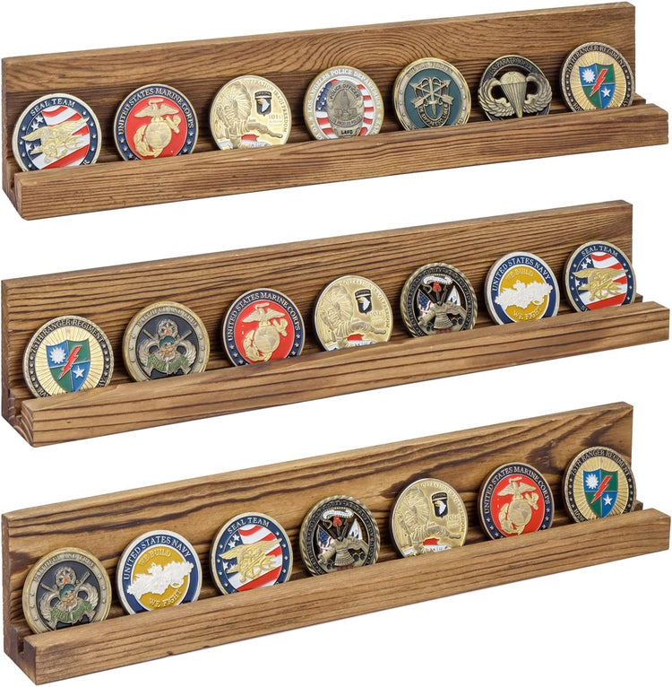 Set of 3, Wall Mounted Dark Burnt Wood, Coin Holder and Casino Chip Display Shelf, One Row Military Coin Showcase Rack-MyGift