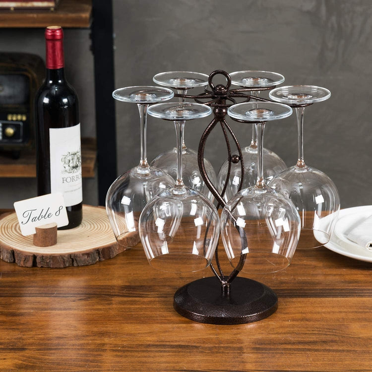 Bronze Metal Scrollwork Tabletop Stemware, Wine Glass Rack with 6 Hooks-MyGift