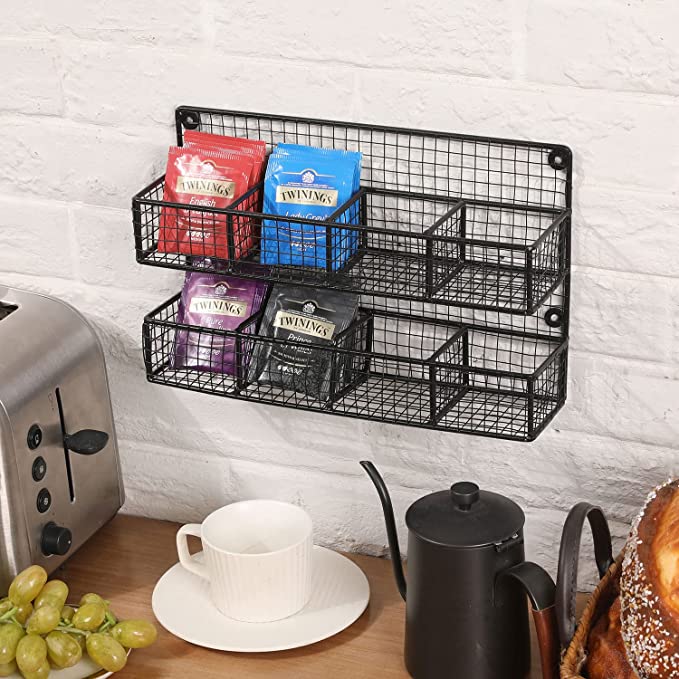 Wall Mounted Rustic Matte Black Metal Mesh Wire Tea Bag Organizer Rack with 8 Compartments-MyGift