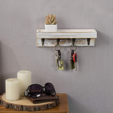 Vintage White Wood Floating Entryway Shelf with 4 Antique Metal Key Ho ...