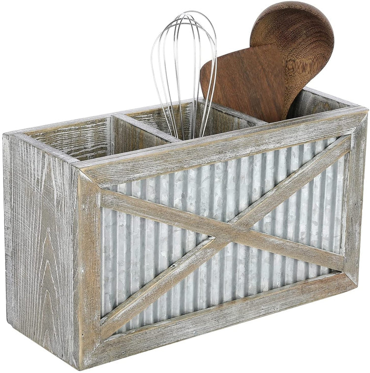 Galvanized White Utensil Holder Rustic Farmhouse Kitchen Crock for  Countertop Cooking Tool Storage - Distressed Metal Country Utensil Holder  with