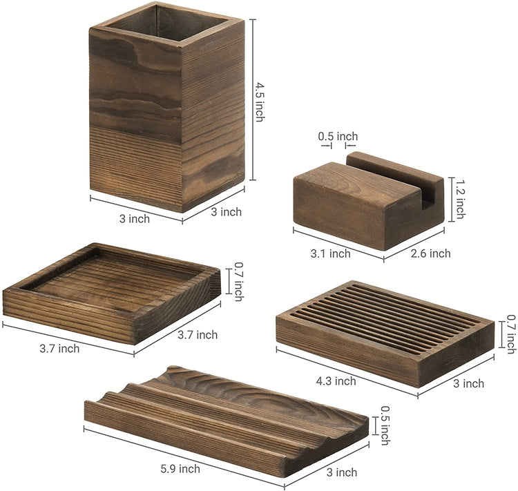 Rustic Torched Wood Table Top Home Office Desk Organizer Accessories Set  5-Piece