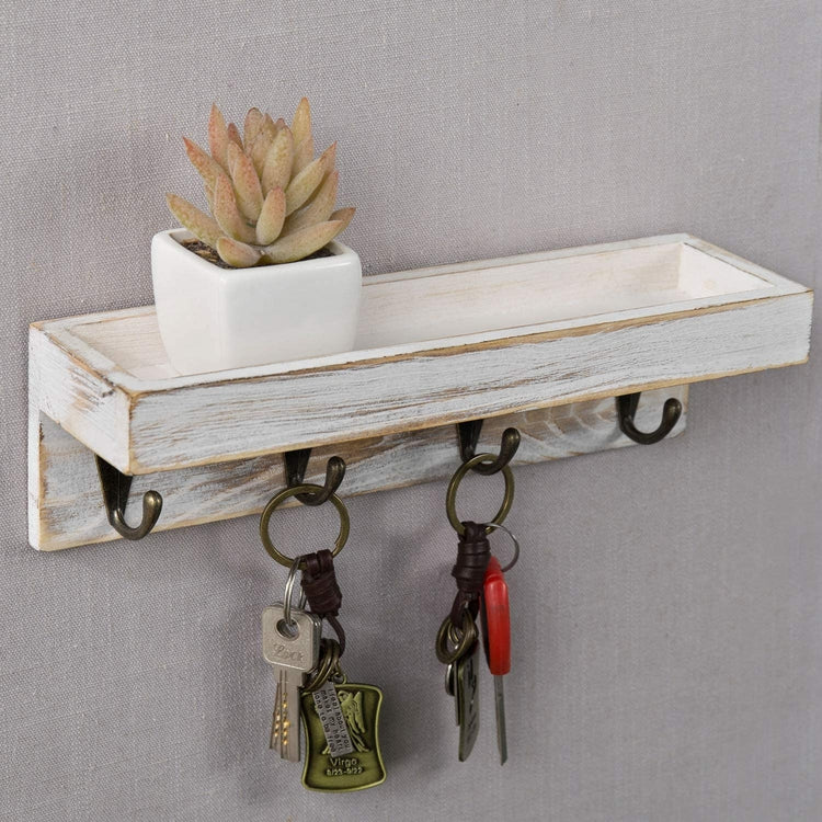 Vintage Whitewashed Wood Wall Mounted Entryway Storage Shelf with 4 Antique Metal Key Hooks Decorative Key Holder-MyGift