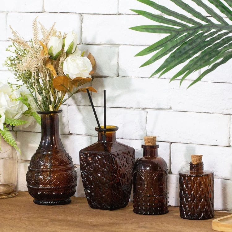 Set of 4, Embossed Amber Glass Decorative Reed Diffusers with Cork Lids, Small Apothecary Style Flower Bud Vases-MyGift