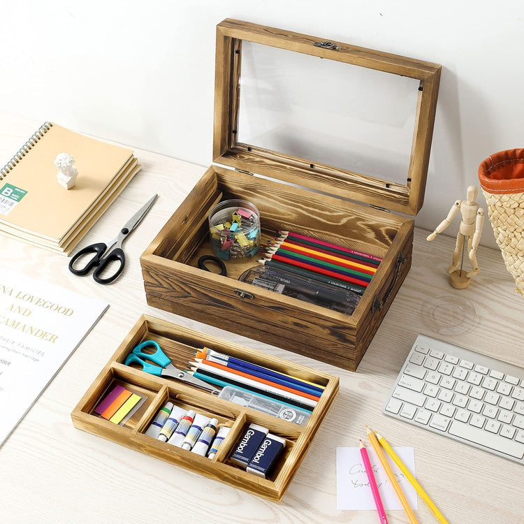 Burnt Wood Sewing Kit Box, Arts and Crafts Storage Chest with Clear Ac ...