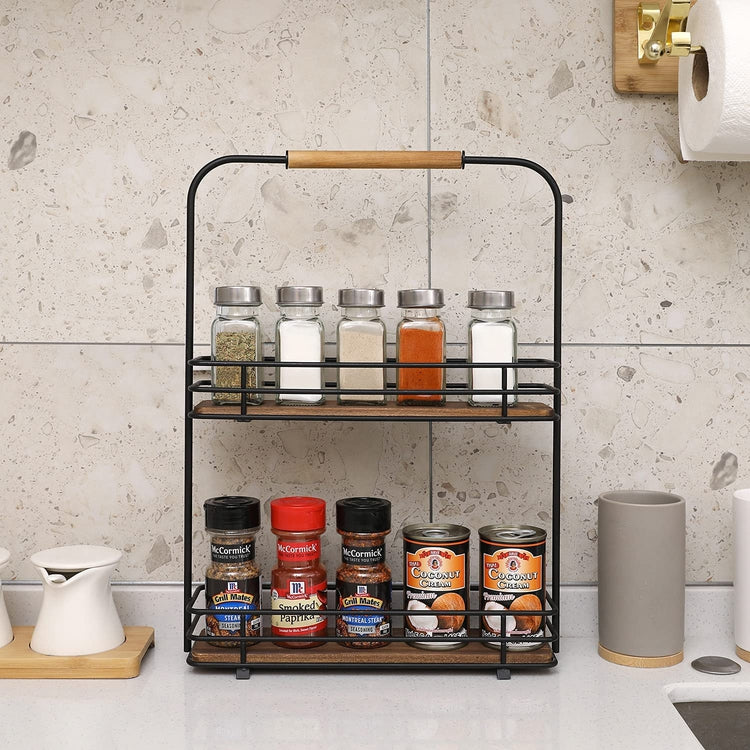 Matte Black Metal Frame, 2-Tier Spice Jar Display Storage Rack with Burnt Wood Shelves and Handle-MyGift