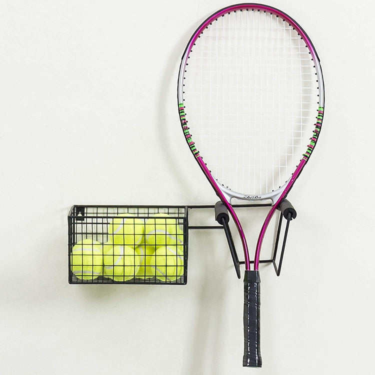 Wall Mounted Metal Tennis Racket Holder with Ball Storage Basket-MyGift