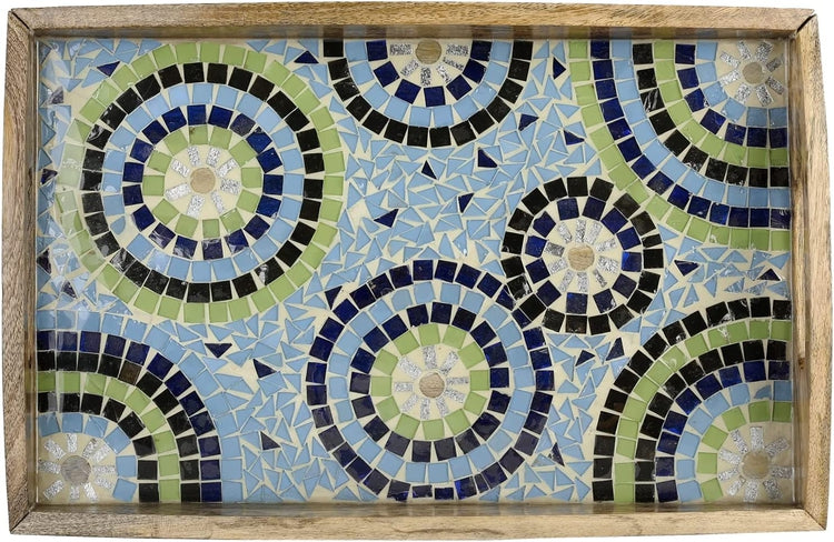 Mango Wood and Mosaic Serving Tray, Rectangular Blue Green Glass Decorative Ottoman Tray with Cutout Handles-MyGift