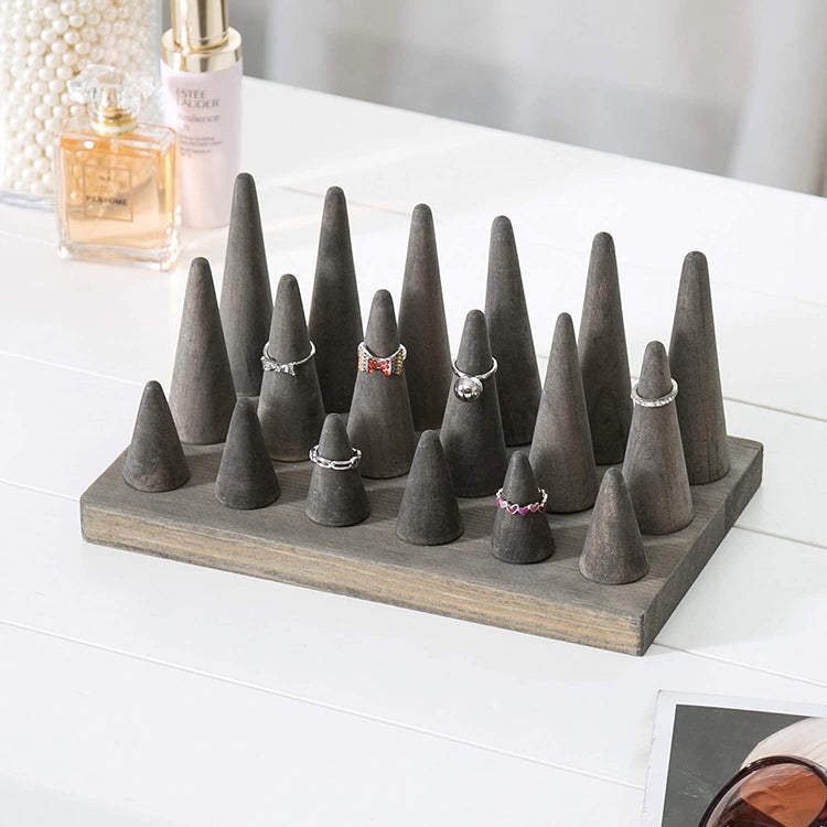 18-Finger Grey Wood Ring Holder, Decorative Jewelry Display Organizer Tray-MyGift