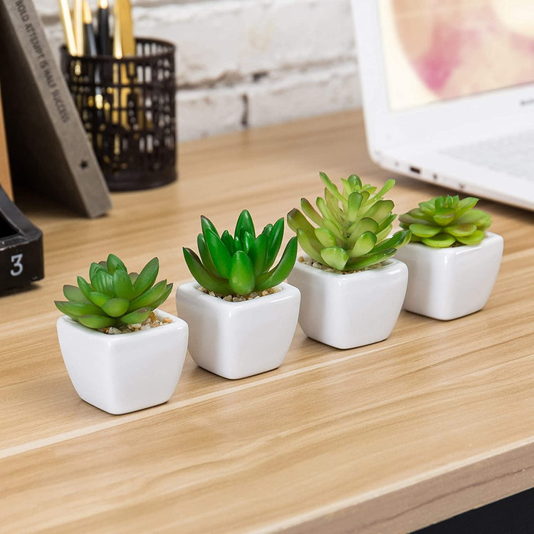 Set of 4 Mini Artificial Succulent Plants in White Ceramic Planter Pots-MyGift