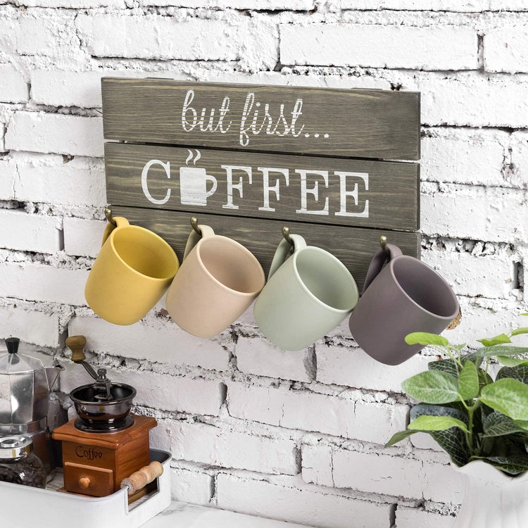 8-Hook, 'But First Coffee' Gray Solid Wood Mug Storage Rack – MyGift