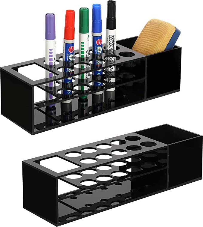 HIIMIEI Dry Erase Marker Holder for Whiteboard, Wall Mounted 2-Tier 10-Slot  Black Acrylic Marker Organizer Stand for School Office Home