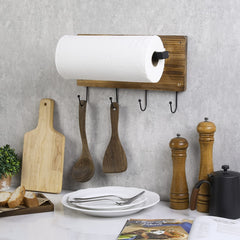 Rustic Brown Wood and Black Metal Wire Paper Towel Roll Holder Stand with Top Ring Handle