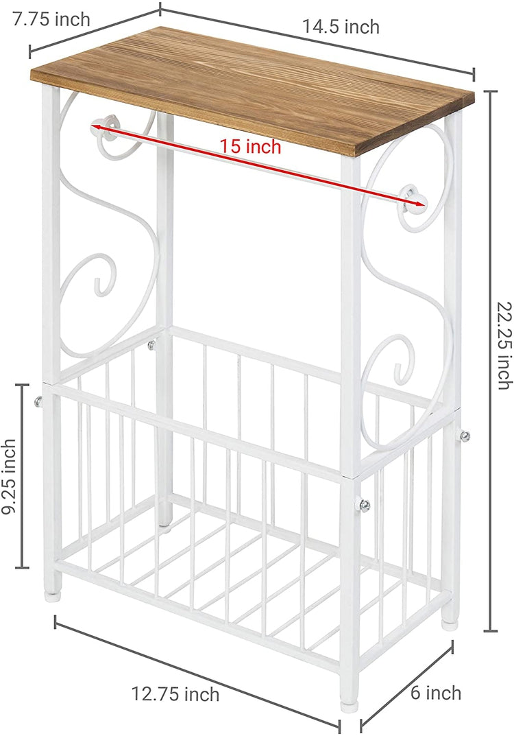 Brown Wood, White Metal Scroll Bathroom Storage Table with Toilet Paper Dispenser and Magazine Rack-MyGift