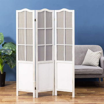 3-Panel Whitewashed Wood Parisian Style Room Divider with Vertical Str ...