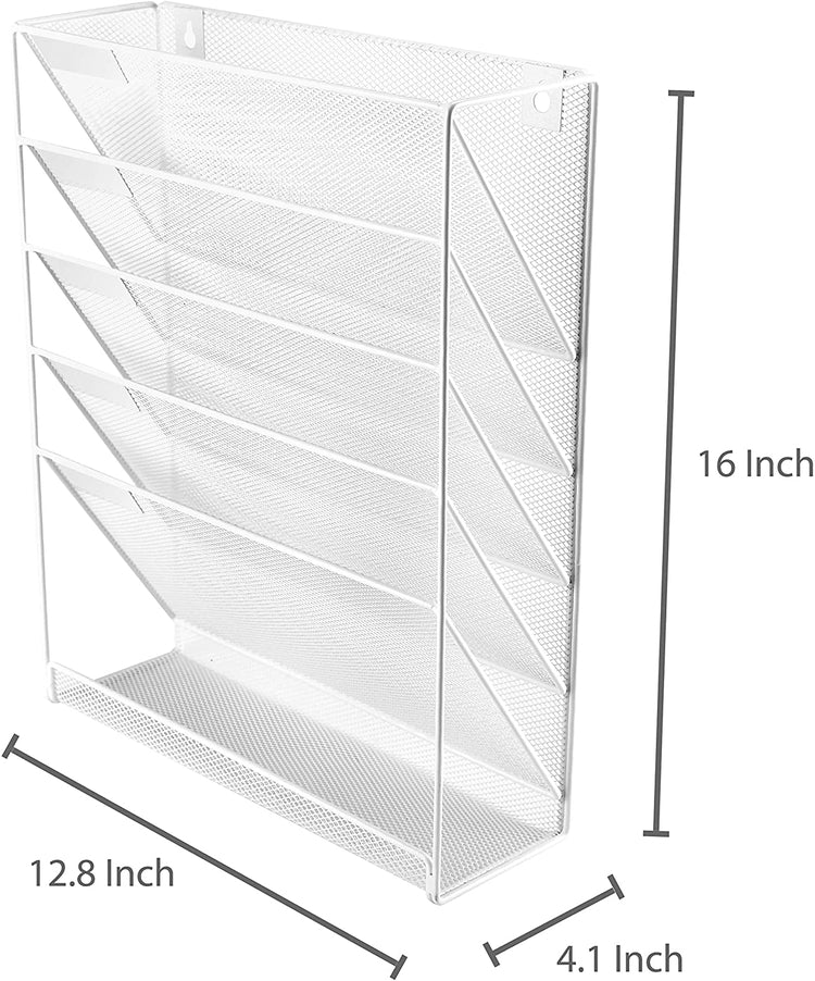 White, Wall-Mounted Magazine Rack, 5 Slot Hanging Document Filing System-MyGift