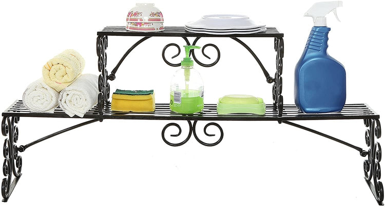 2 Tier Over-the-Sink Black Metal Scrollwork Design Storage Shelf Rack-MyGift